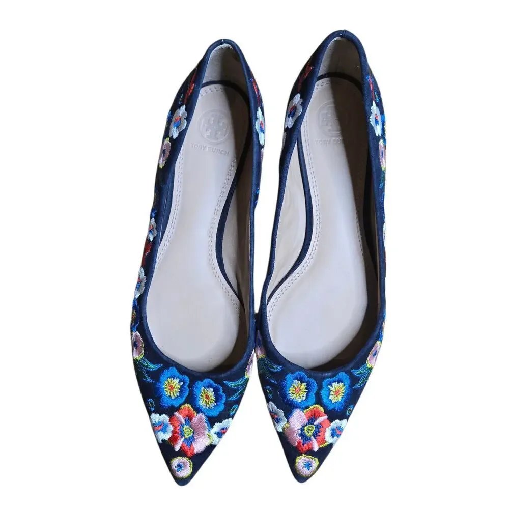 Tory Burch‎ Rosemont Pansy Floral Embroidered Pointed Toe Flats Size: 9